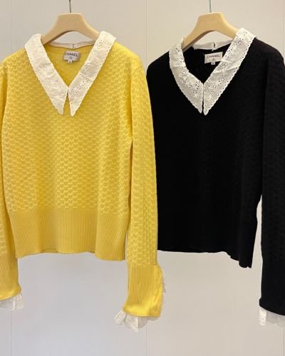Embrace Elegance with Our Yellow Sweater Featuring Lace Lapel