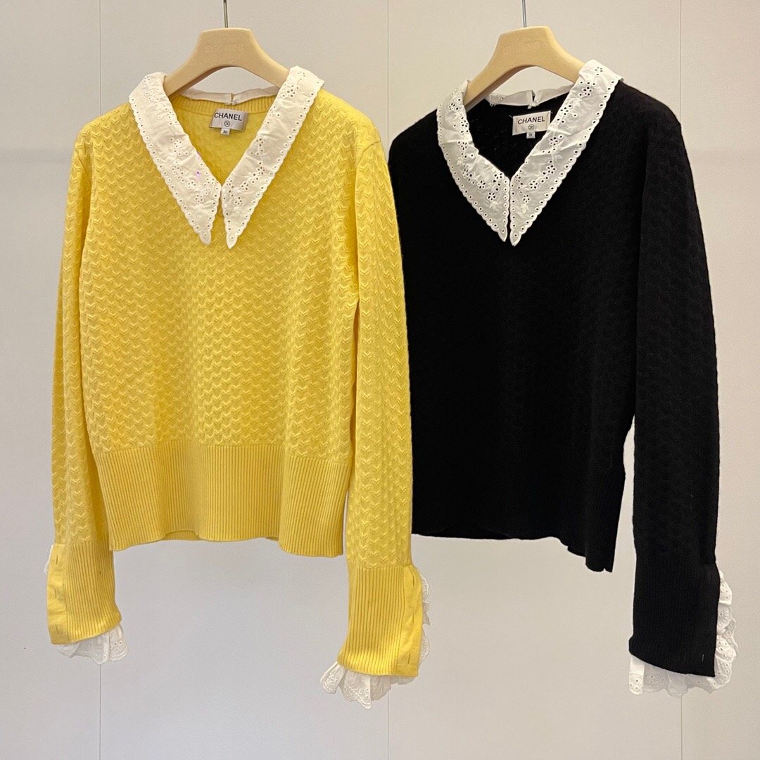 Embrace Elegance with Our Yellow Sweater Featuring Lace Lapel