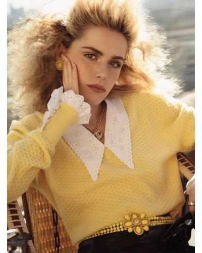 Embrace Elegance with Our Yellow Sweater Featuring Lace Lapel