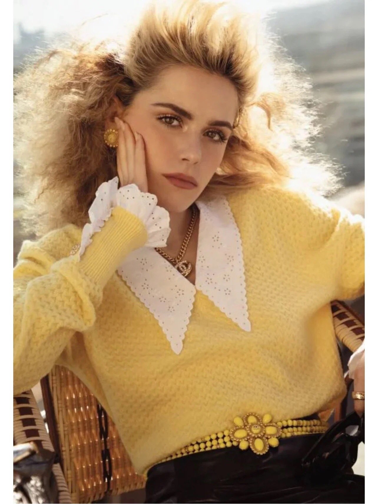 Embrace Elegance with Our Yellow Sweater Featuring Lace Lapel
